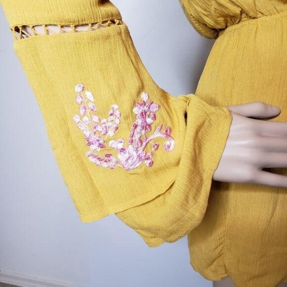 Miami Yellow Long Sleeve Wrap Romper Embroidered Bell Sleeves & Keyhole Back XXS - Picture 8 of 10